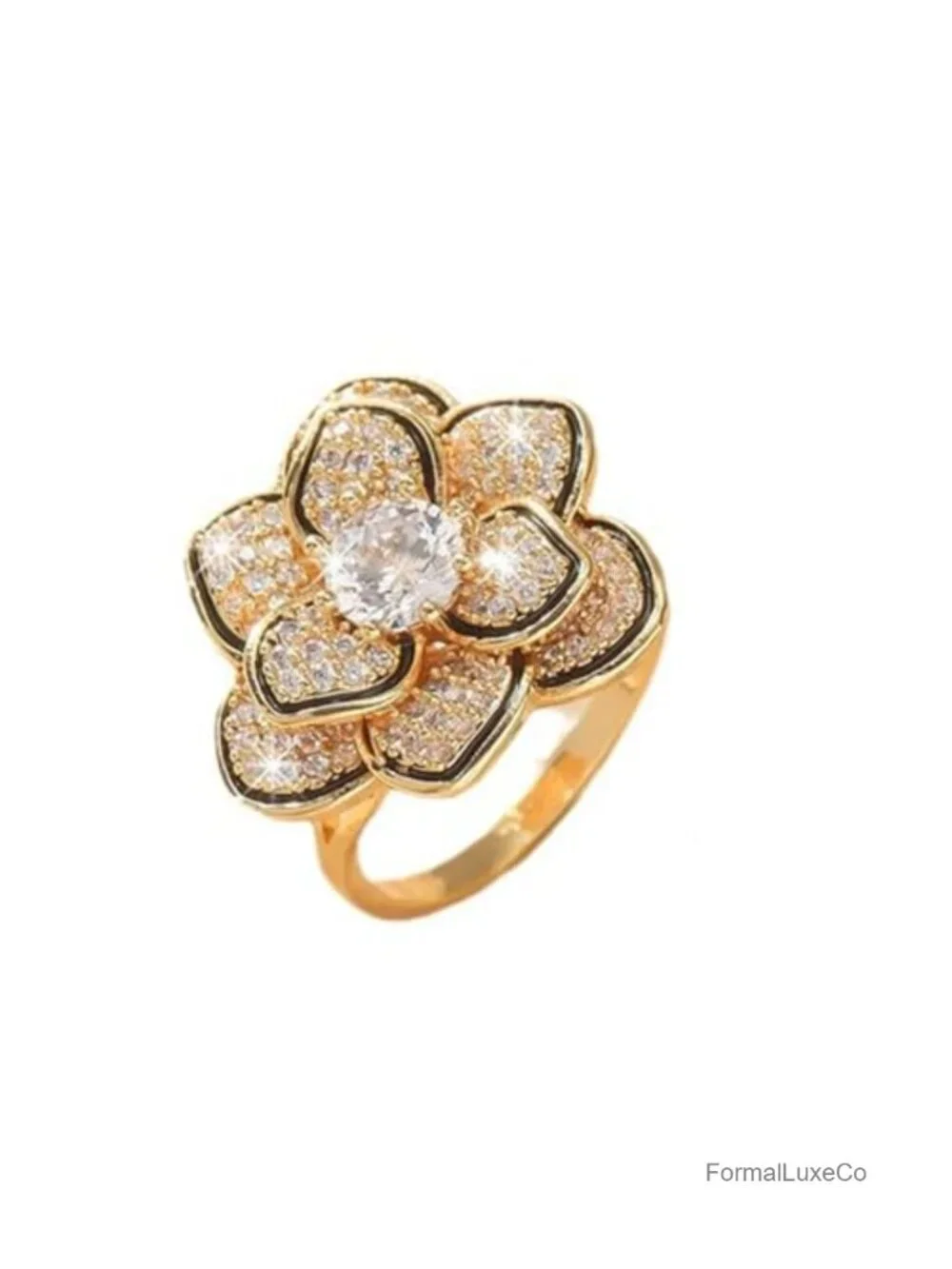 Floral Camellia Statement Ring Double Layers Cubic Zirconia Rhinestone Dainty